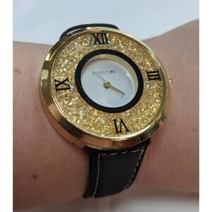 Steeltime Wrist Watch Black Faux Leather Loose Crystal Window Dial Roman Numeral
